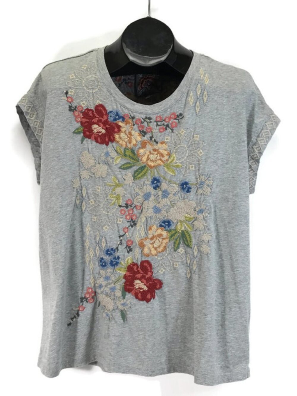 Johnny Was Josephine Relaxed Tee Women's Large Gray Floral Embroidered Bohemian